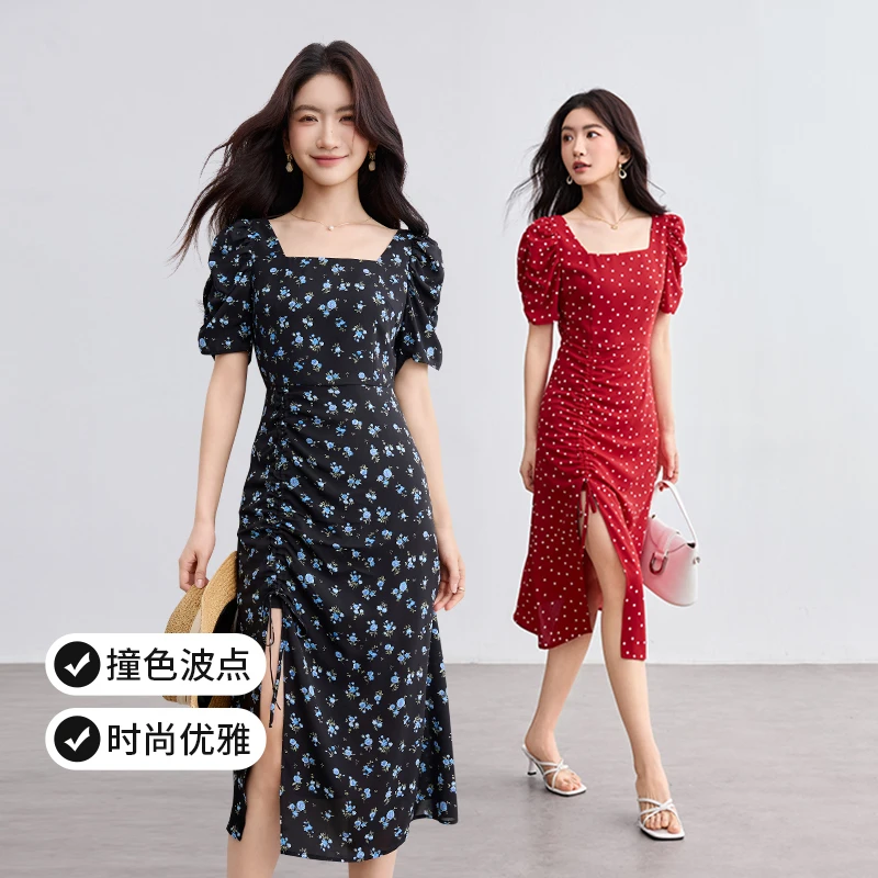 尚都比拉复古法式经典波点连衣裙方领显瘦显腿长裙子41885