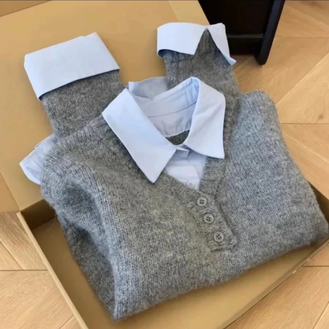 灰蓝撞色毛衣衬衫假两件叠穿女秋冬韩系设计感小众独特针织衫上衣