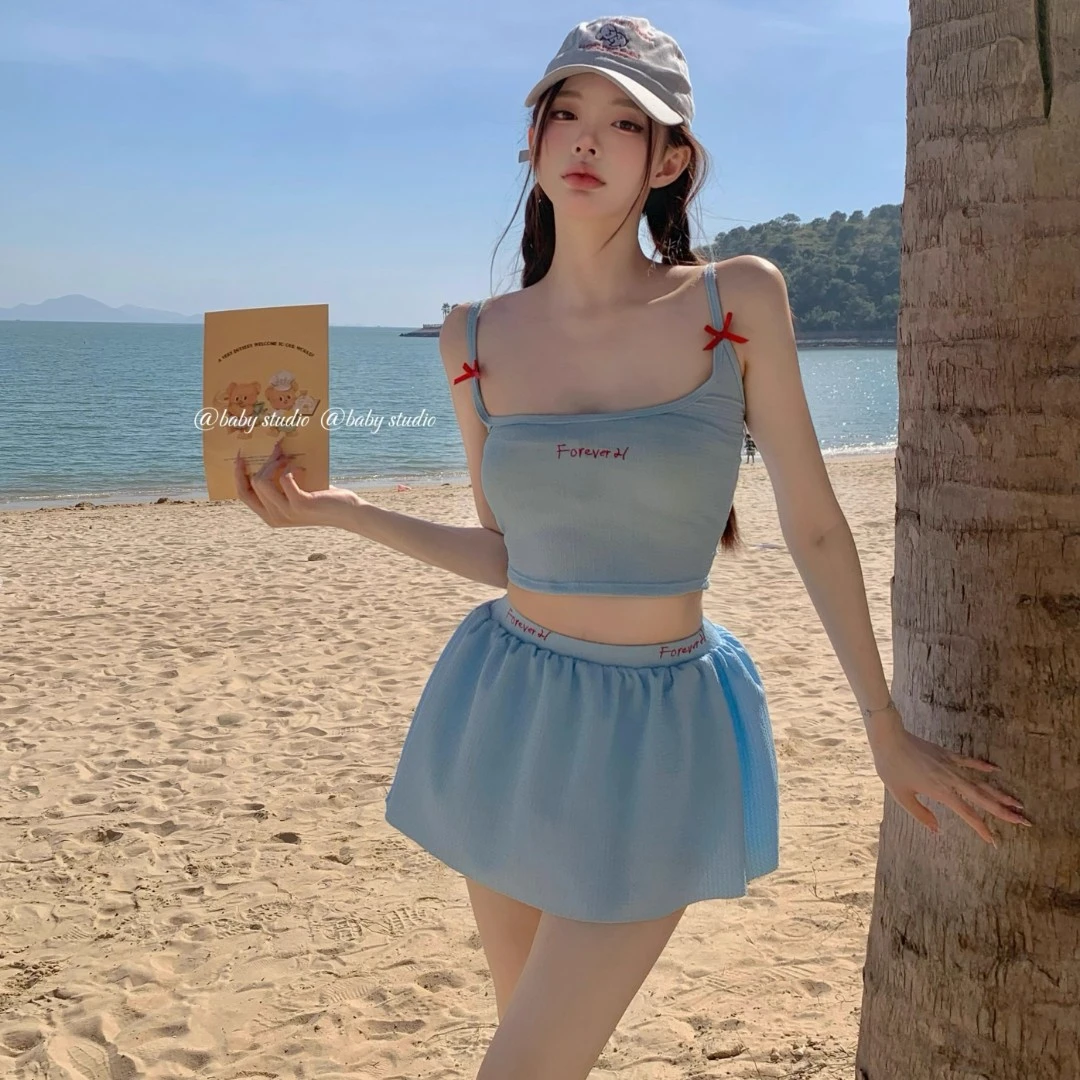 泡温泉沙滩度假比基尼三件套甜欲系少女显瘦高级背心遮肉泳衣吊带