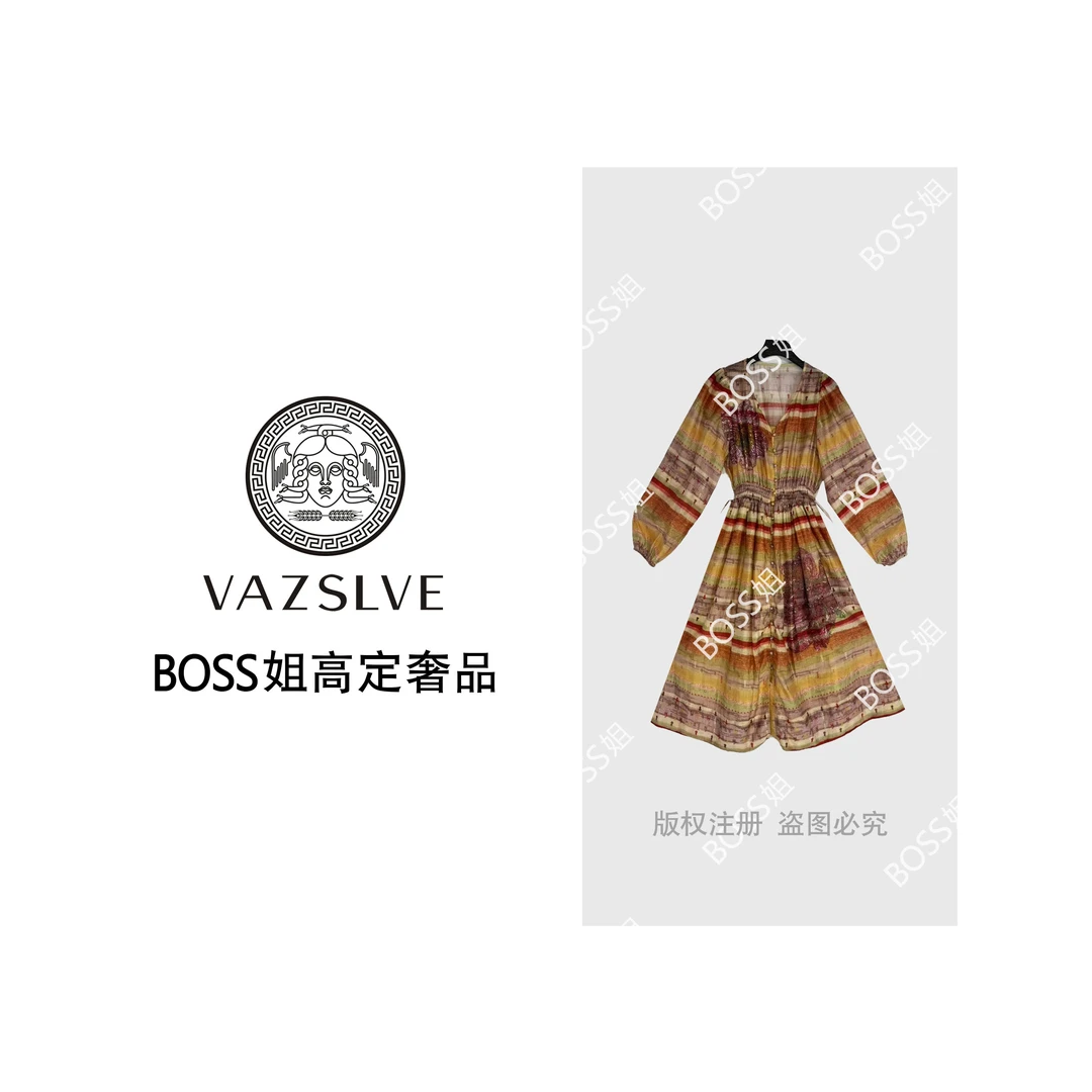 VAZSLVE/原创设计烫钻度假风时尚休闲气质长款V领连衣裙Y-2016