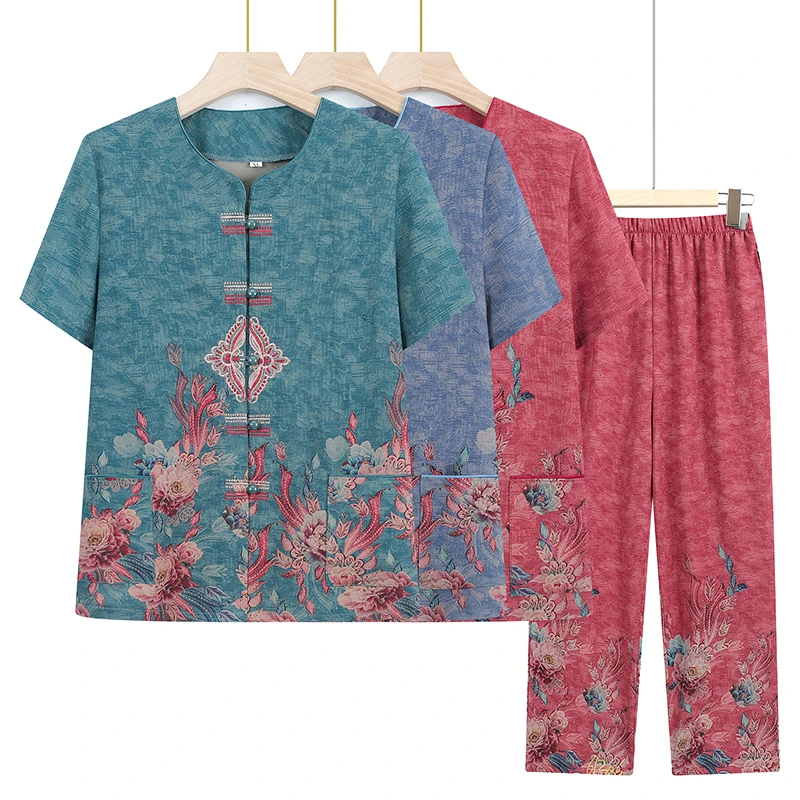 中老年人夏季女奶奶装夏装短袖套装老太太老人60岁妈妈衣服薄衬衫