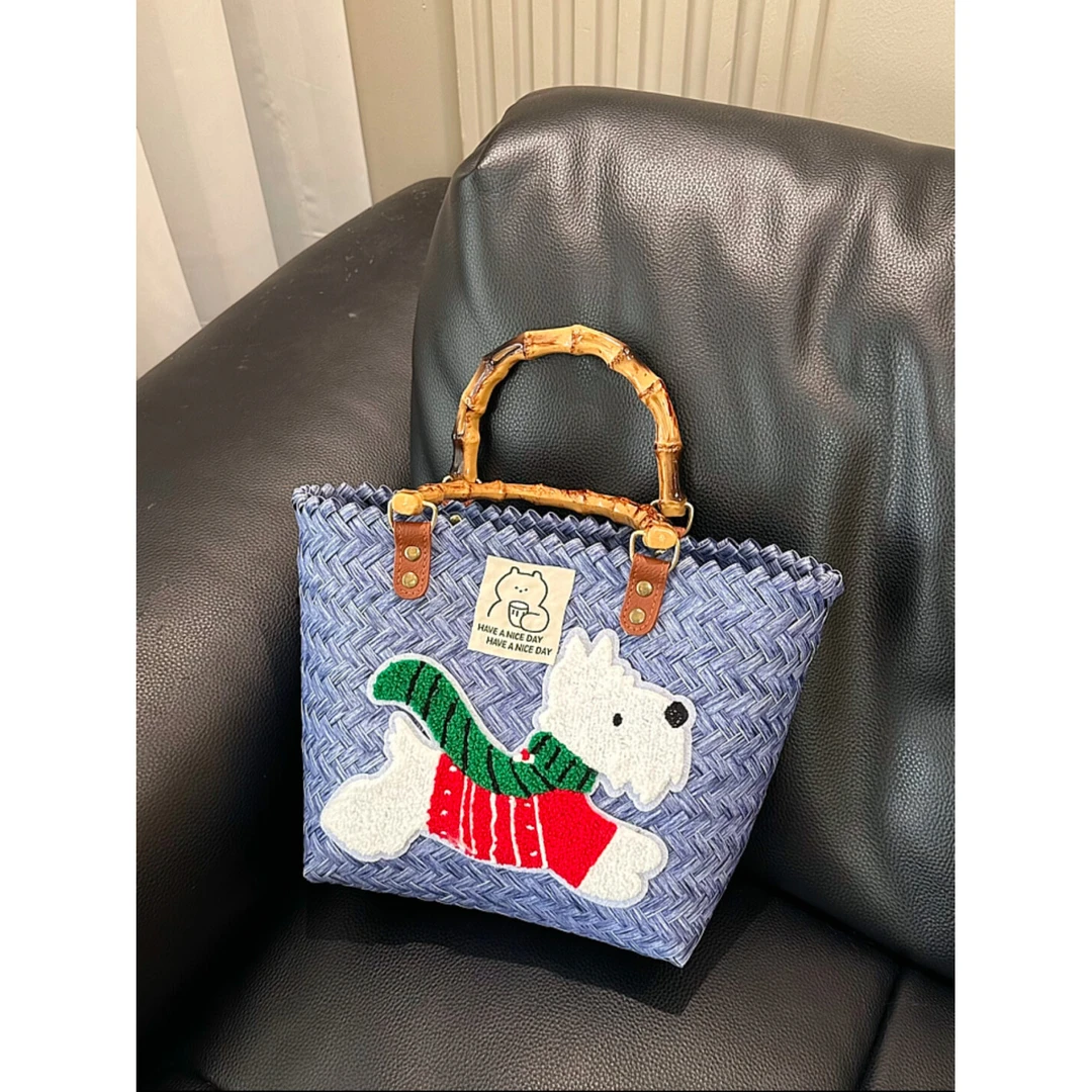 MOMO大容量腊肠狗手工编织包菜篮子藤编手提包上班露营小拎包包