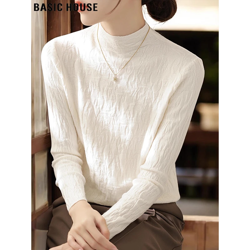 Basic House/百家好米白色半高领针织衫女秋冬高级感保暖打底毛衣
