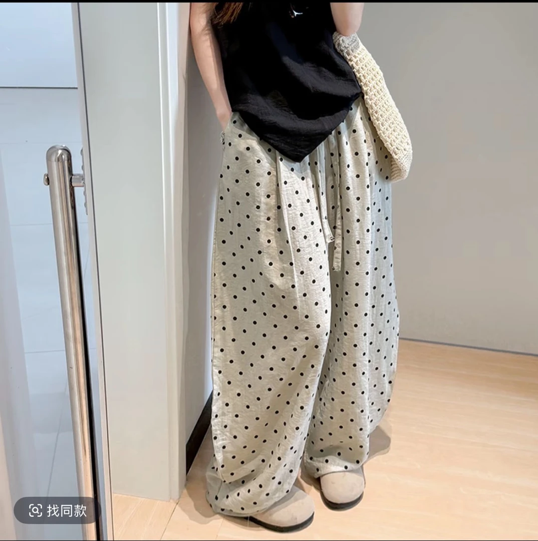 天丝亚麻~波点印花松紧腰薄款棉麻休闲裤女夏季松弛感阔腿弯刀裤