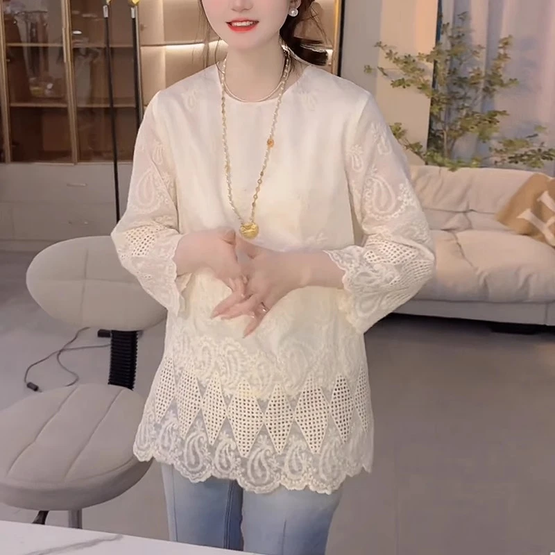 女士蕾丝小衫2025春夏新款时尚洋气减龄宽松显瘦镂空提花t恤上衣