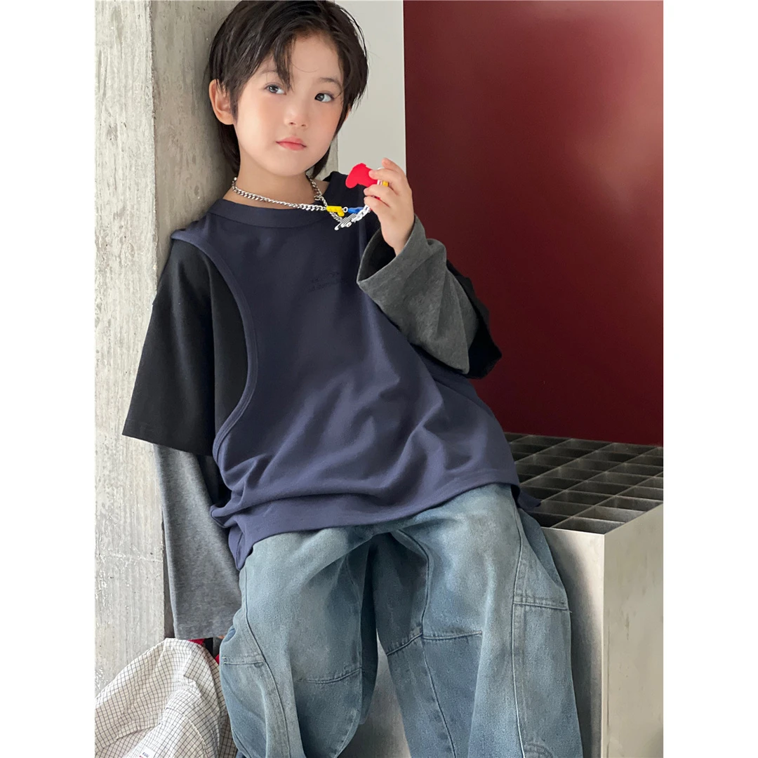 in 爱:sn25秋季超个性三色拼接柔软儿童男童假两件长袖上衣8359
