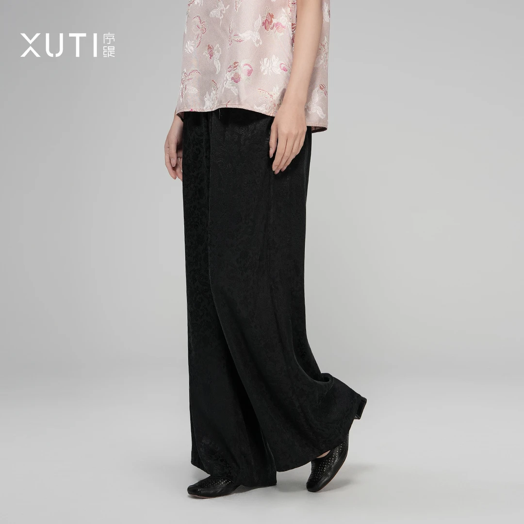 序缇新中式黑色阔腿裤女夏季新款宽松显瘦直筒裤子H260-10985