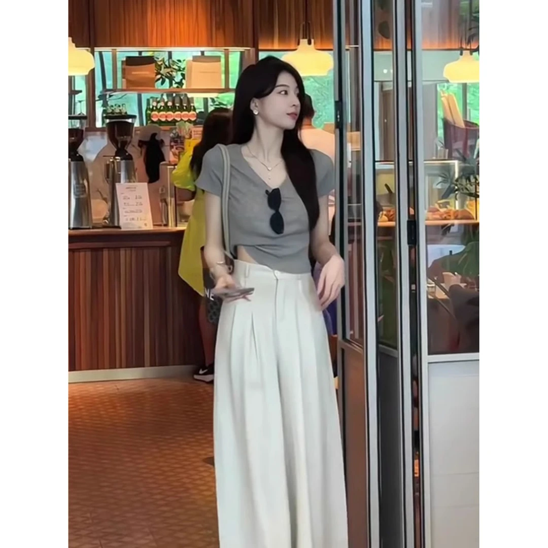 时尚套装女宽松2025夏季新款短袖领恤搭配冰丝西装阔腿裤两件套