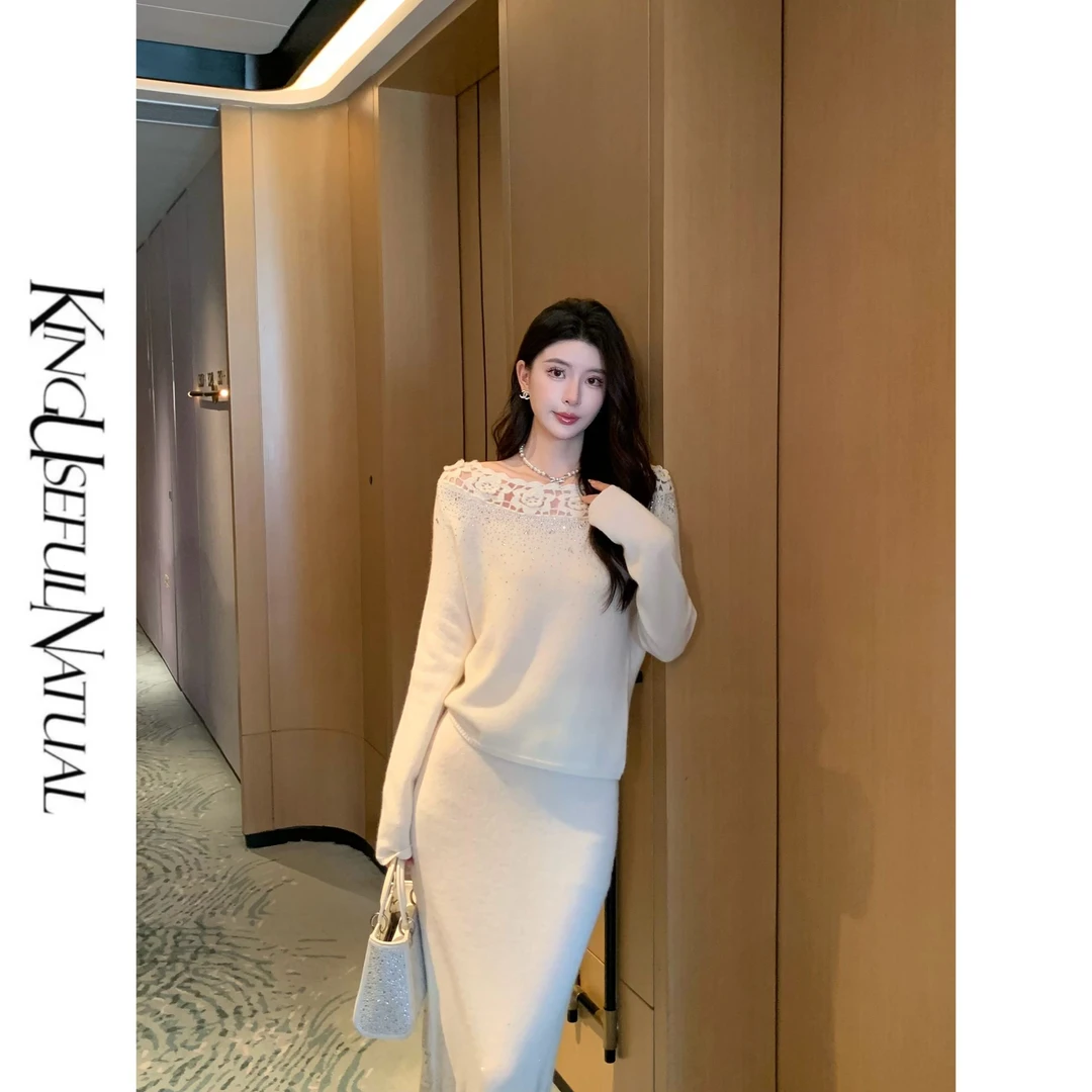 KUN【柔光白玫瑰】珍贵奢美 绵羊毛钩花烫钻针织秋冬奶白色温柔套装