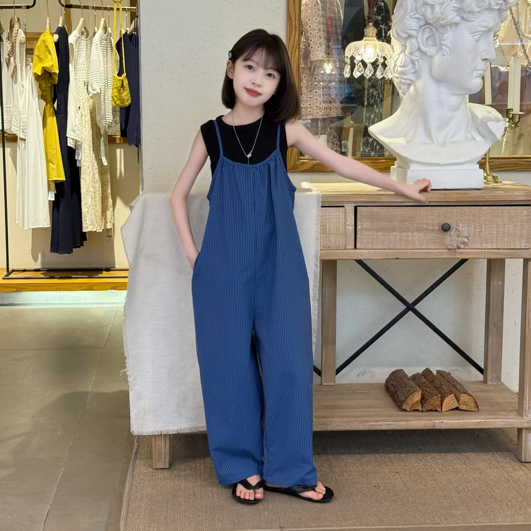 女童背心条纹连体裤套装2025年新款儿童打底连衣休闲裤夏装两件套