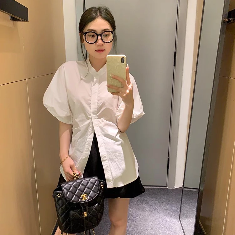 388白衬衫100纯棉 极简中的高级感 泡泡袖收腰短袖衬衫