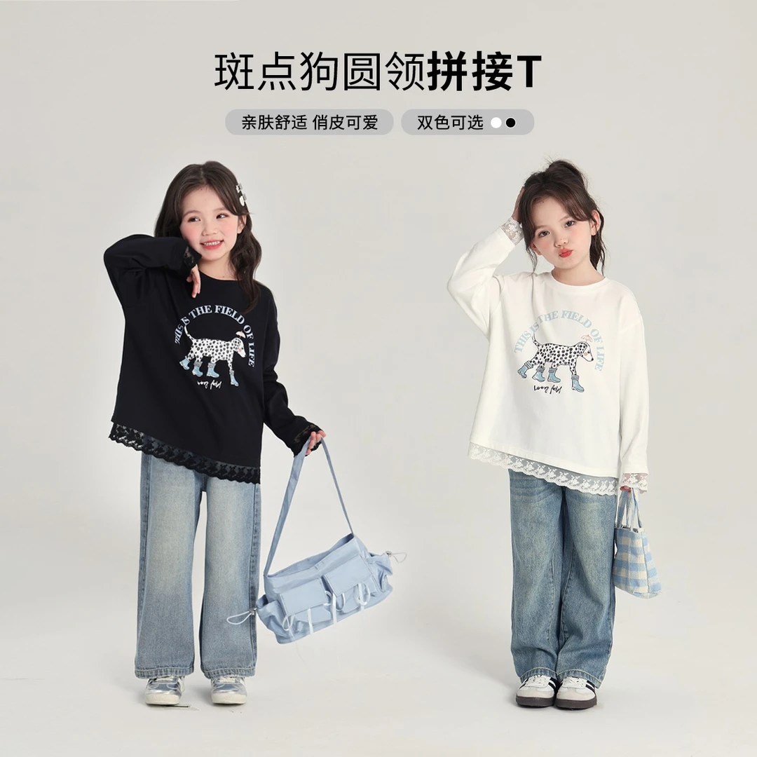 布丁哈鲁【雨靴小狗】2025春款女童舒适斑点狗拼接花边T恤G51TM014
