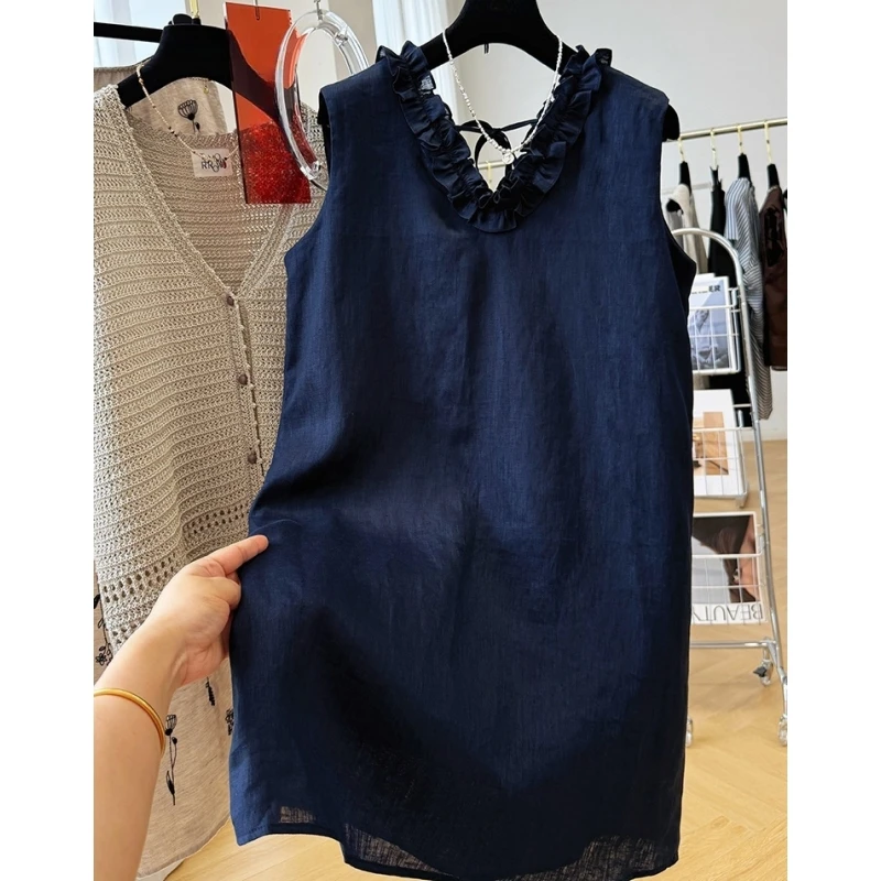 高级感时尚木耳边V领背心裙女夏季中长款无袖连衣裙中长款裙子ins