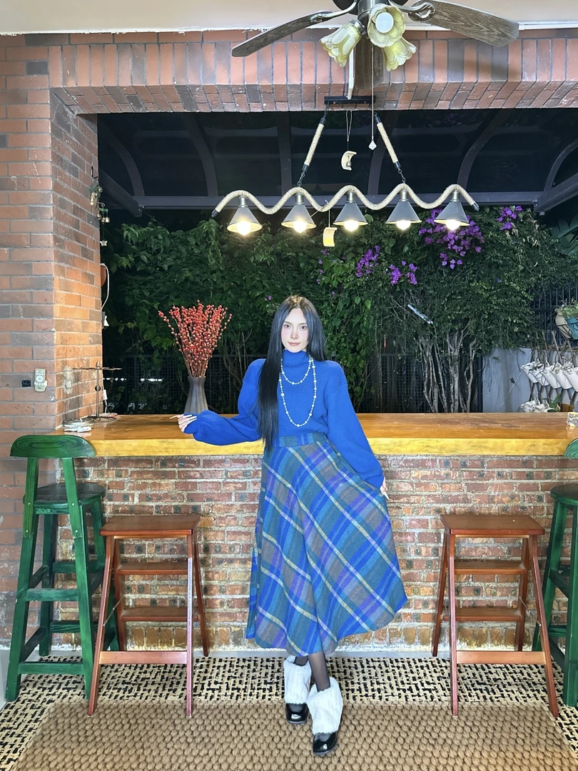 A&N   【蓝色海洋】秋冬穿搭蓝色针织衫格子半身裙休闲漂亮慵懒套装