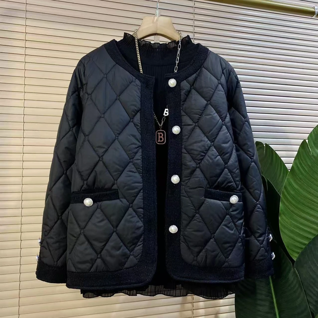 M胖mm欧货时尚新款洋气显瘦小香风压格棉服外套