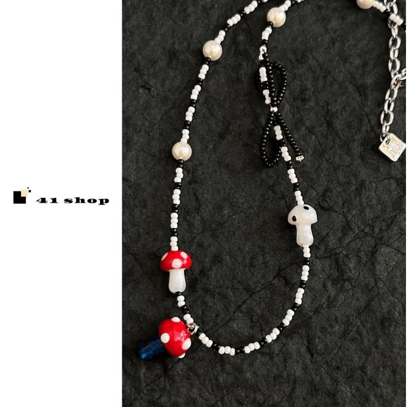非金属树脂项链 B无编号韩系蘑菇串珠项链小众简约百搭ins项链