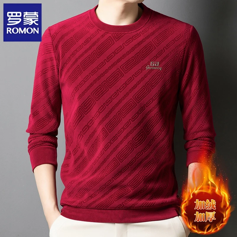 Romon/罗蒙高档男奥粒绒百搭休闲加绒加厚保暖毛衣冬季一体绒上衣
