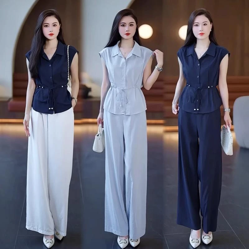 时尚套装女2025年夏季新款洋气修身显瘦短袖衬衫垂感阔腿裤两件套