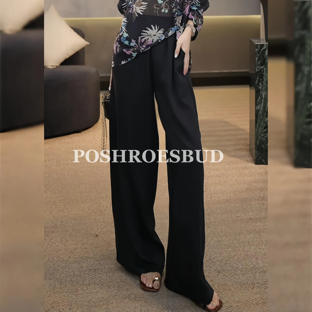 POSHROSEBUD设计师铜氨丝松紧高腰显腿长直筒休闲阔腿裤-70958