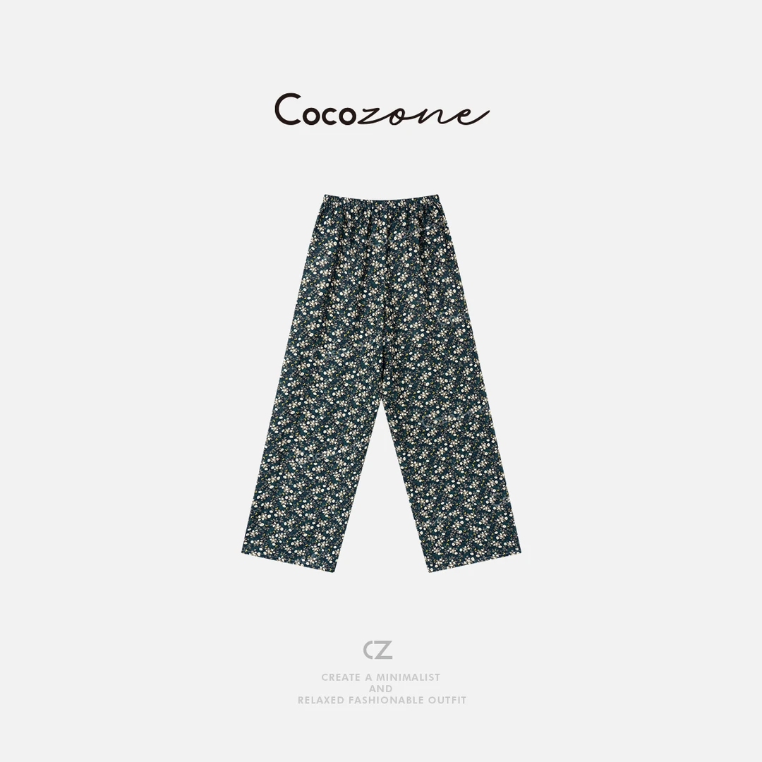 COCO ZONE 刘一一【人丝混纺】碎花复古休闲直筒抽绳长裤CD2A0650
