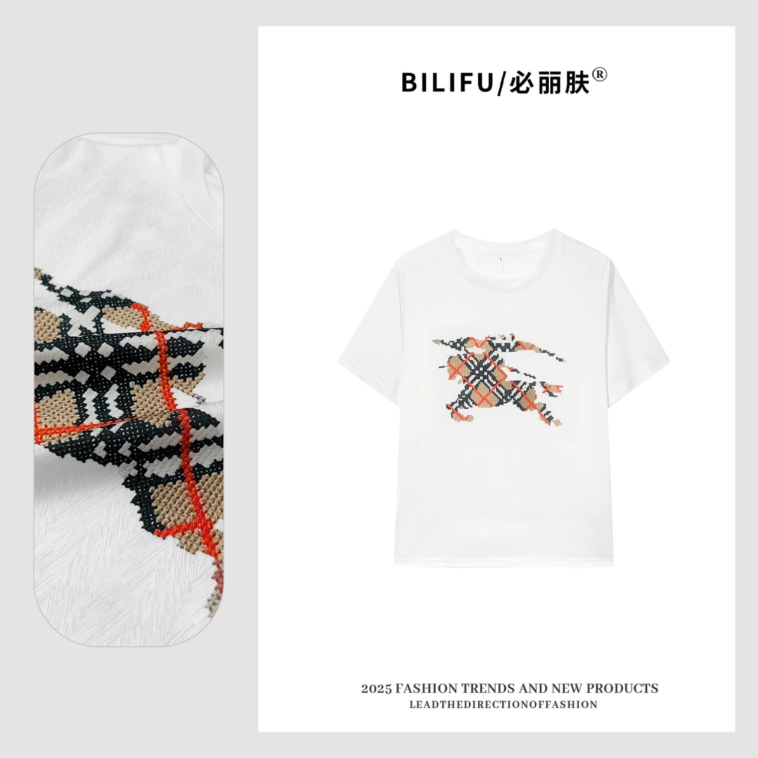 BILIFU/必丽肤TZ格纹小马印花AB面T恤春夏百搭桑蚕丝圆领上衣9016