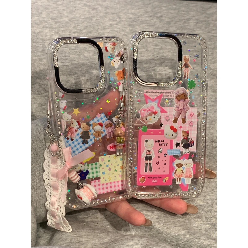 可爱围边长腿kitty小贴贴适用于16promax粉色JK闪钻边框 少女系13