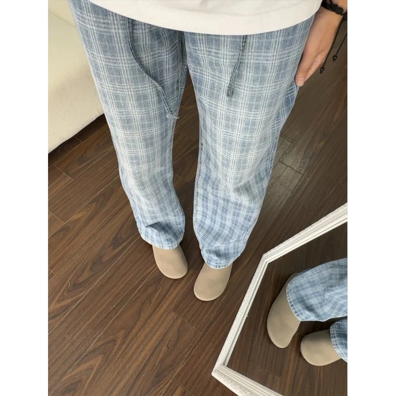 美式复古蓝色格子牛仔裤夏季潮牌痞帅直筒长裤高级感cleanfit裤子
