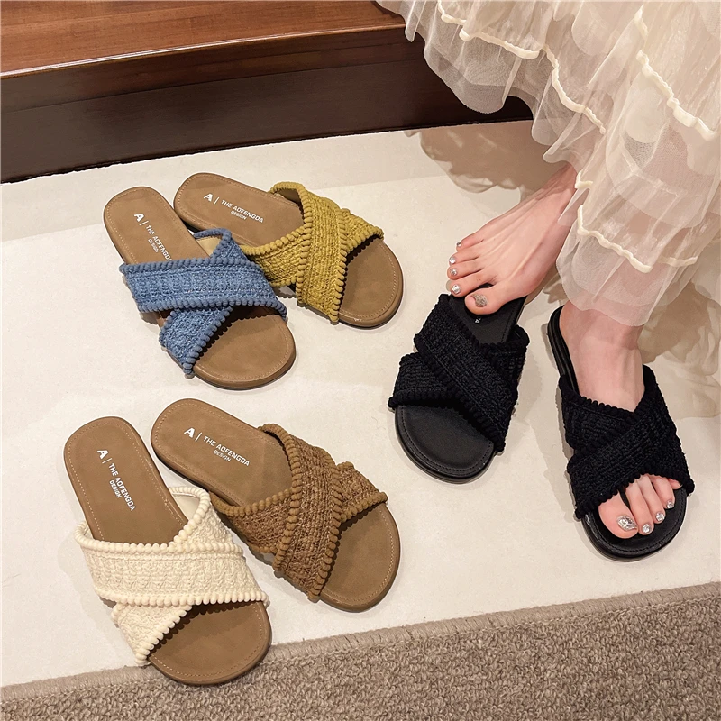 2025夏季新款韩版时尚软底拖鞋外穿波西米亚配裙子沙滩平底一字鞋