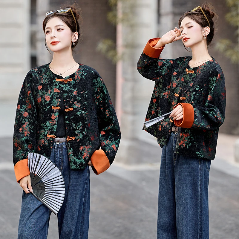 新中式国风撞色拼接提花外套女2025春秋新款复古盘扣宽松短款上衣