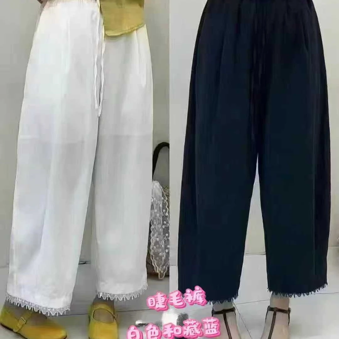 睫毛蕾丝夏季薄款蕾丝拼接松紧腰宽松显瘦九分休闲睫毛女裤