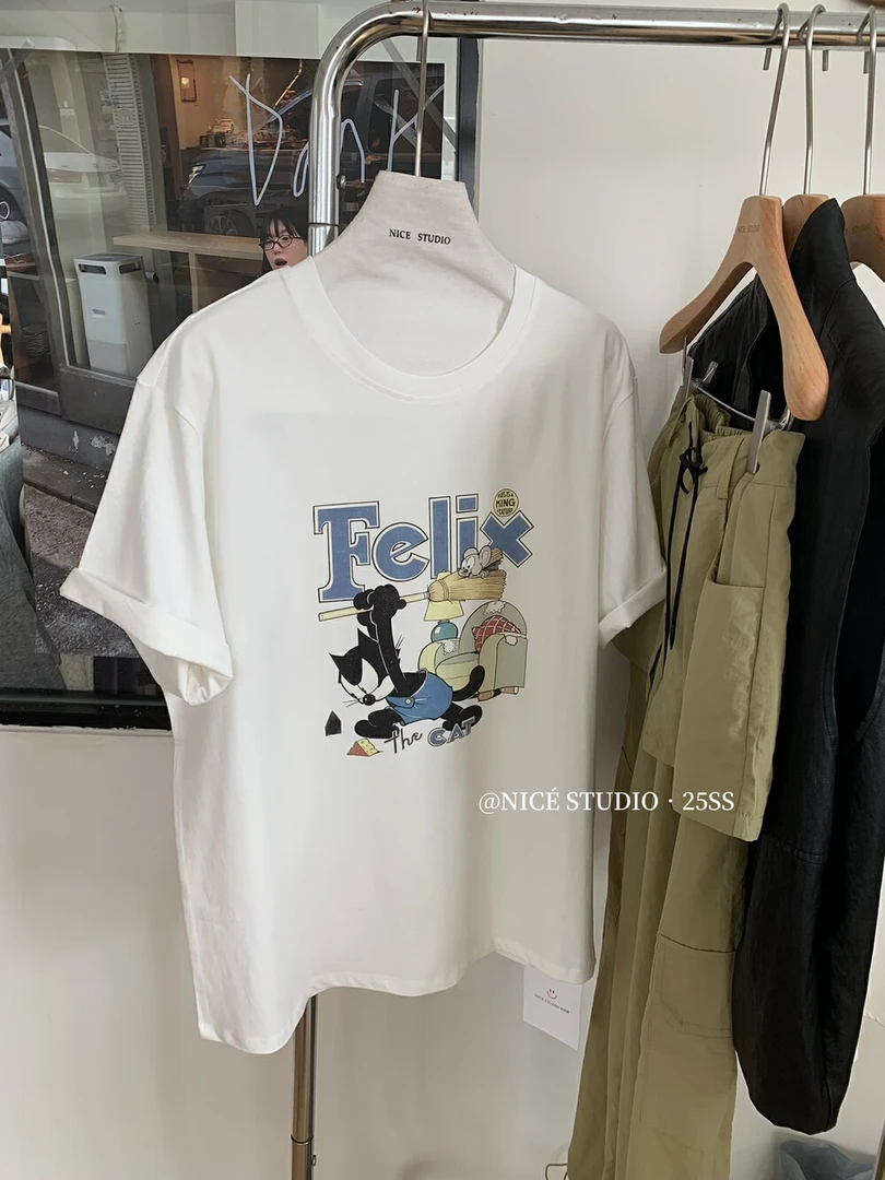 【黑猫老鼠】短袖INS风时尚T恤休闲韩版白色t恤宽松卡通印花