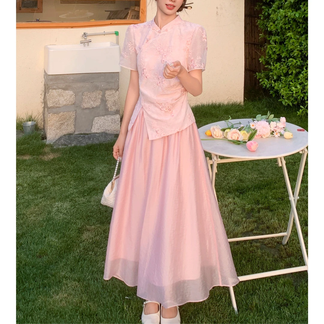 无印心匠D88532 新中式国风碎花修身显瘦短袖半身裙套装K345