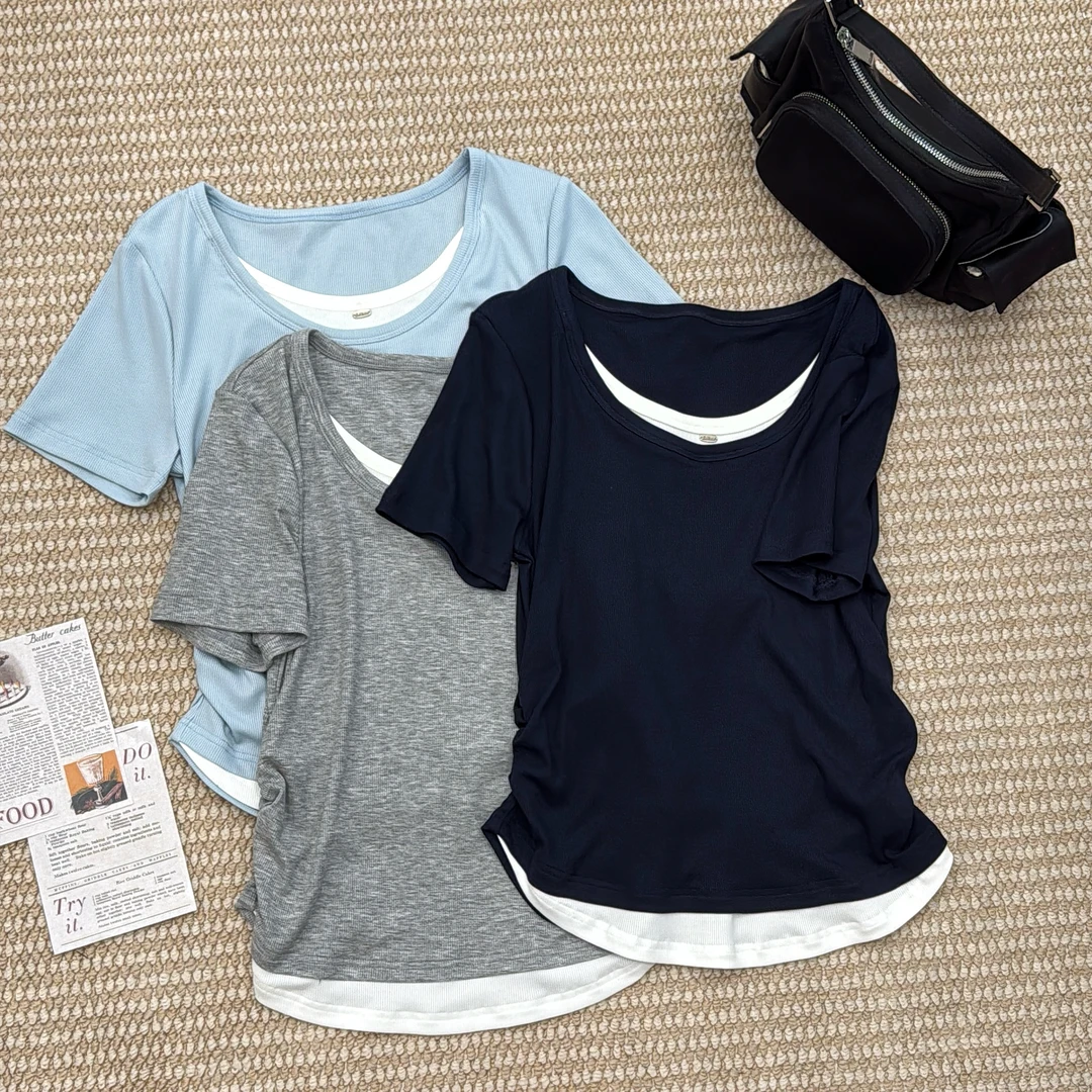 5513高弹超显瘦假两件上衣T恤