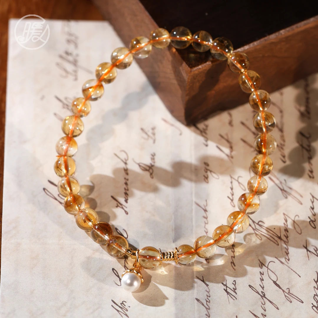 单圈黄水晶手串5mm搭配珍珠吊坠手链E6394多样性发一