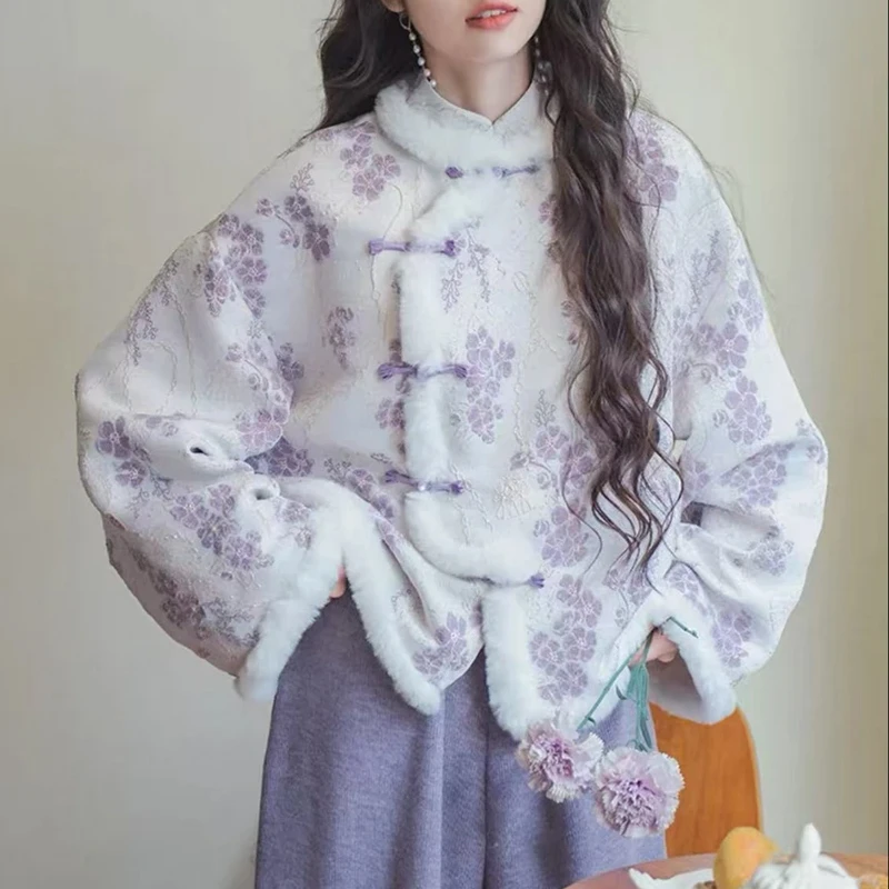 香朵儿【月上藤萝】新中式国风套装女秋冬毛绒盘扣外套阔腿裤两件套