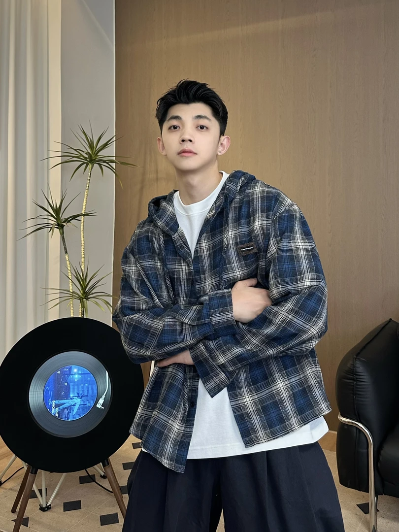 浩仔OOTD 复古撞色格纹衬衫男女春季潮宽松连帽外套POLO百搭衬衣