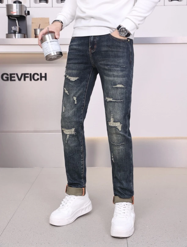 《5879春秋四季》百搭弹力破洞时尚修身蓝色男牛仔裤子水洗男士