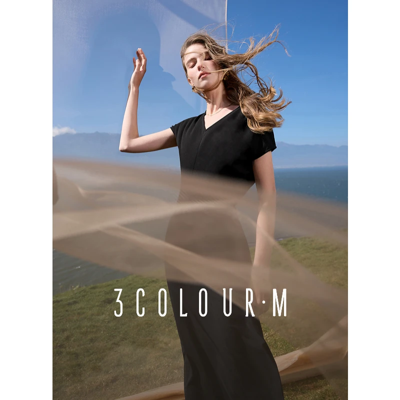 三彩2025春季新款V领小黑裙A字短袖连衣裙内搭显瘦收腰长裙气质M