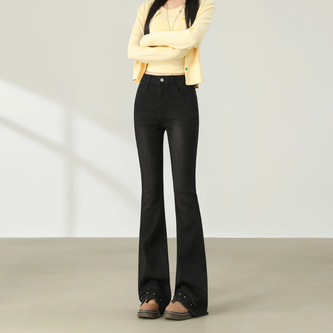 【四面弹+YKK拉链】秋季新款高腰显瘦毛边铆钉设计喇叭牛仔裤0030