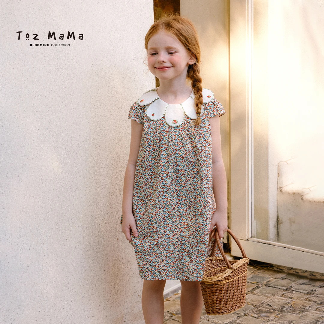 Toz Girls豆几妈6/10夏季花瓣领碎花连衣裙女童薄款洋气短袖裙子