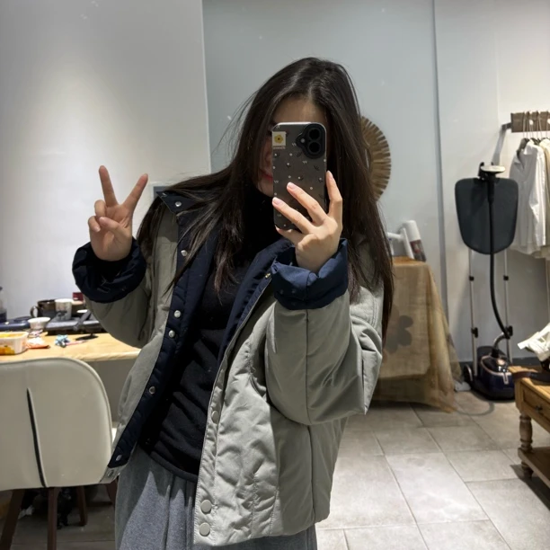 时髦洋气撞色连帽宽松休闲蝙蝠袖排扣棉服外套适合小个子撞色