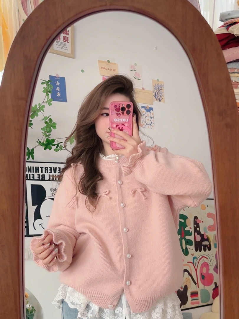 【杨杨推荐】粉色大码蝴蝶结毛衣女2025春季新款甜美显瘦款针织衫女