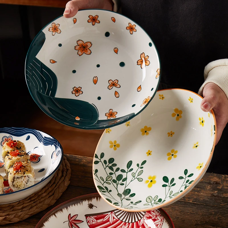 陶瓷盘子4个装复古餐具釉下彩插画手绘风日式卡通汤盘子8寸落花