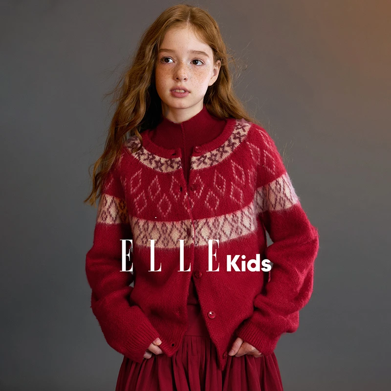 ELLE KIDS童装 复古提花针织开衫女童冬季新款手工钉珠圆领毛衣D5