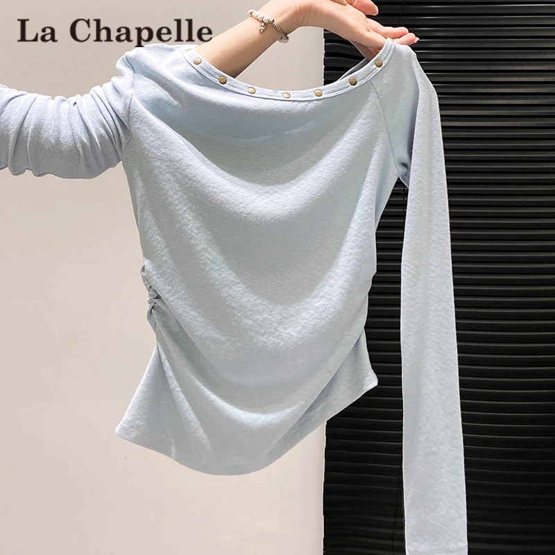 拉夏贝尔斜领露肩铆钉长袖t恤打底衫女2025早秋掐腰显瘦辣妹上衣