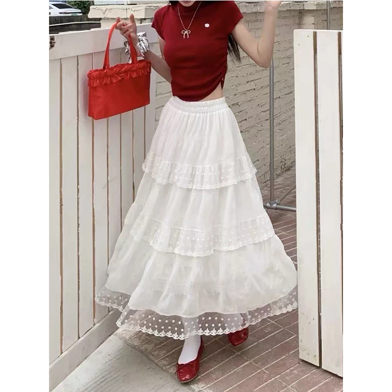 2508 女装春夏季半身裙子蕾丝高腰气质裙