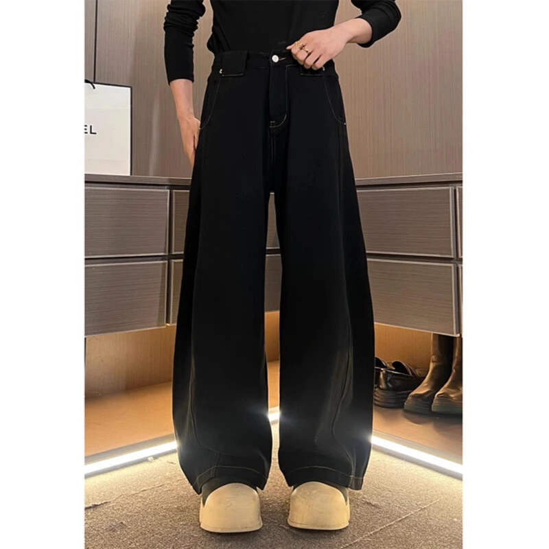 黑色丹宁弯刀牛仔裤男春季cleanfit阔腿裤子美式复古宽松直筒长裤