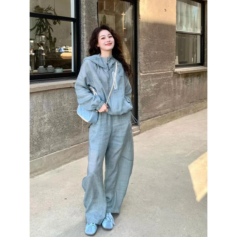 韩系高端亚麻休闲套装女春秋季慵懒风宽松连帽衣阔腿裤两件套
