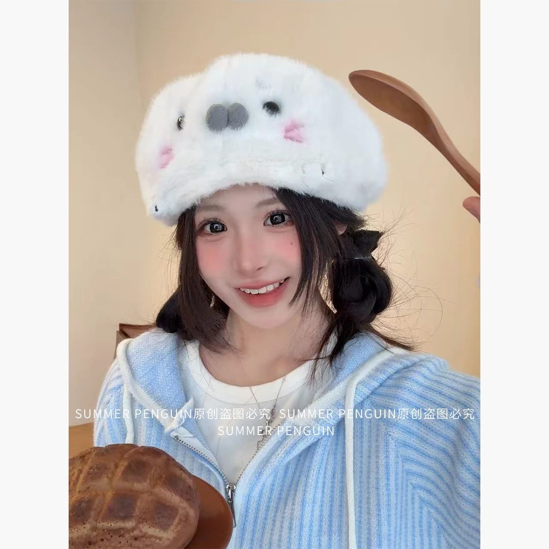 SUMMER PENGUINKT可爱卡通小海豹毛绒帽子甜美秋冬保暖贝雷帽