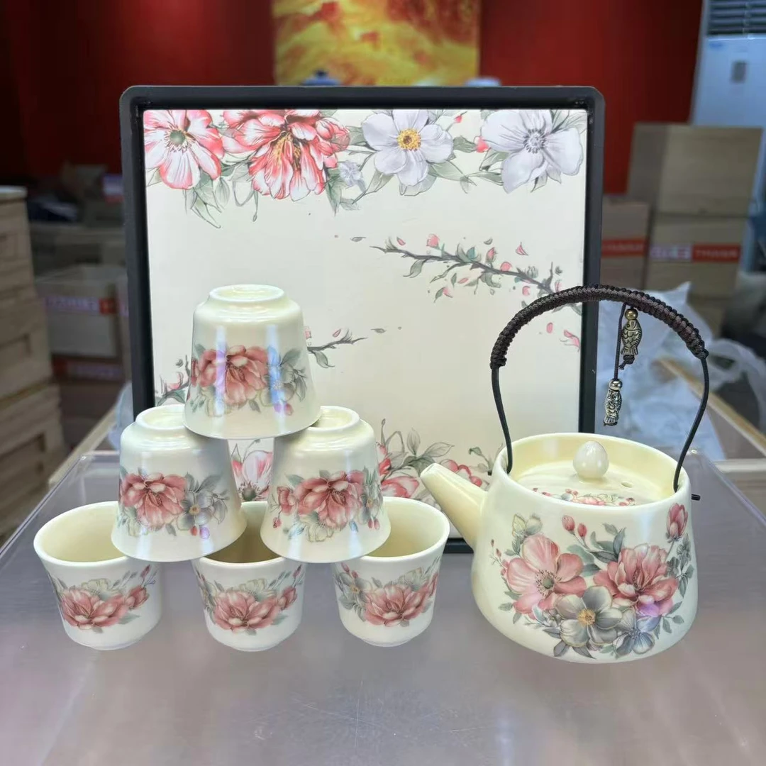 秋香茶具 汝窑牡丹提梁壶+六杯+盘家用泡茶小套装-3196